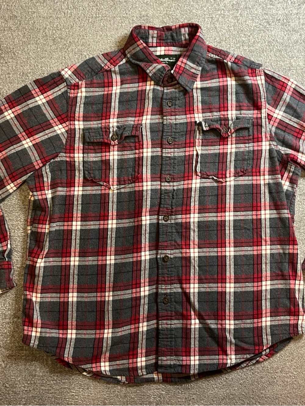 Eddie Bauer Red Black Lumberjack Plaid Button-Down Shirt 100% cotton hiking EUC